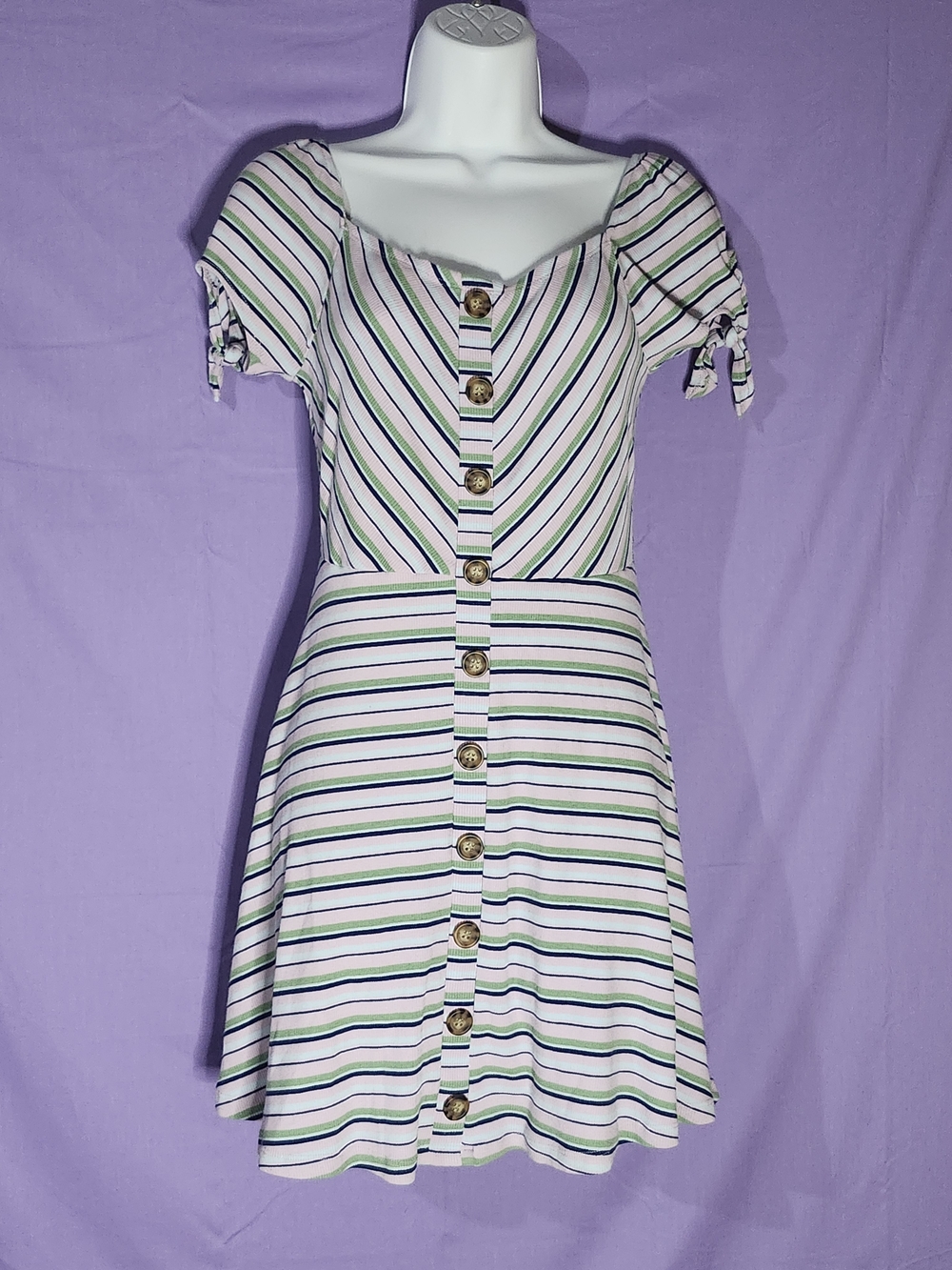 Miami Striped Button-Front Mini Dress - White, Pink, Green & Navy